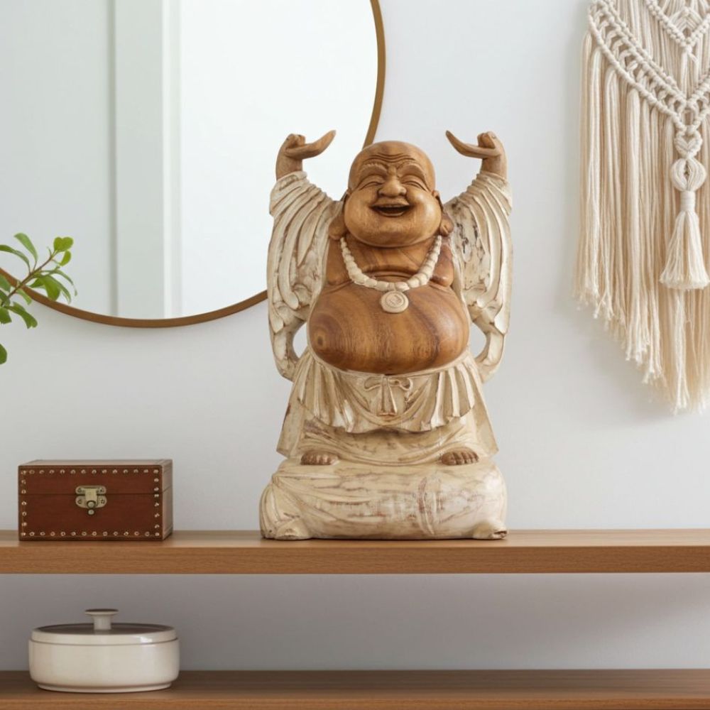 Hand-Carved Hands Up Buddha Statue – Whitewash