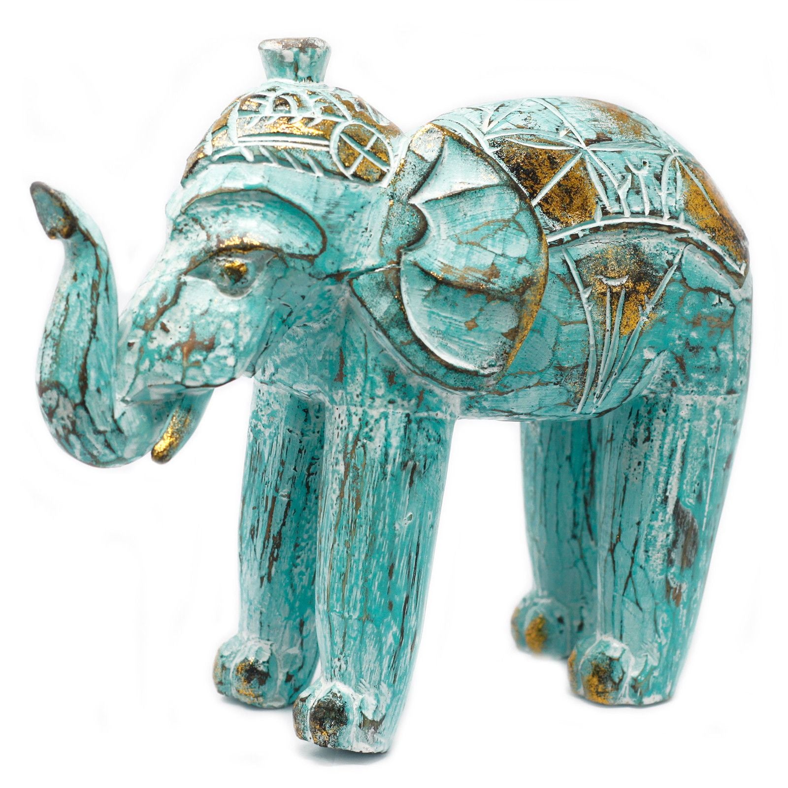 Hand-Carved Wooden Elephant – Turquoise & Gold