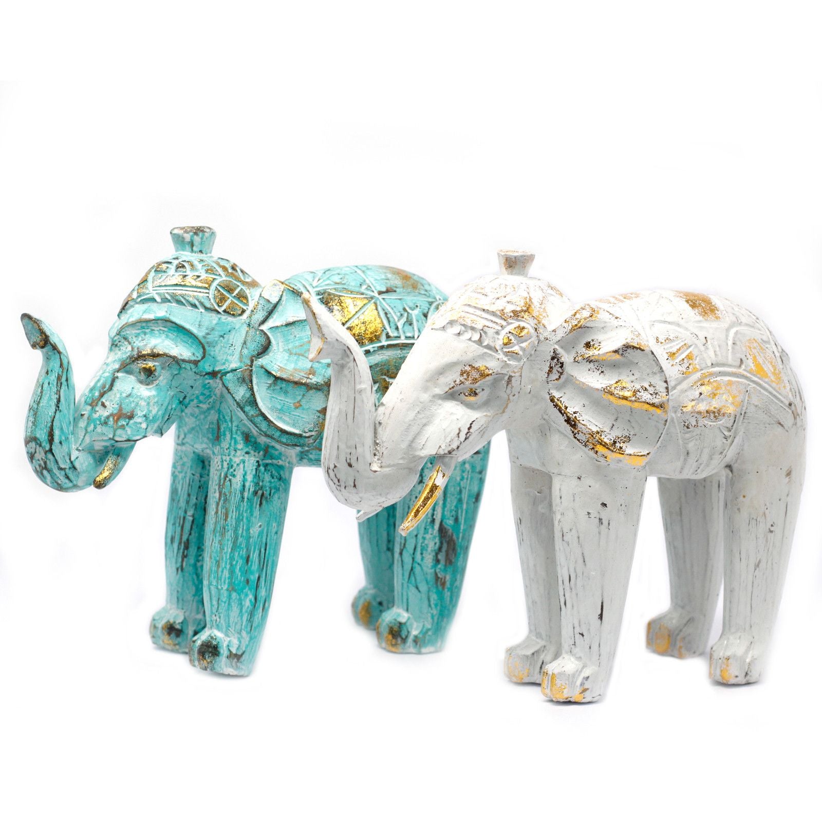 Hand-Carved Wooden Elephant – Turquoise & Gold