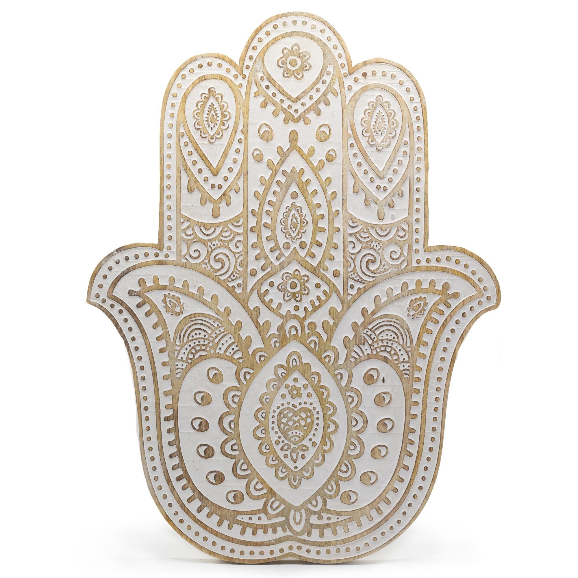 Mango Wood Hamsa Wall Plaque – Whitewash 52 cm
