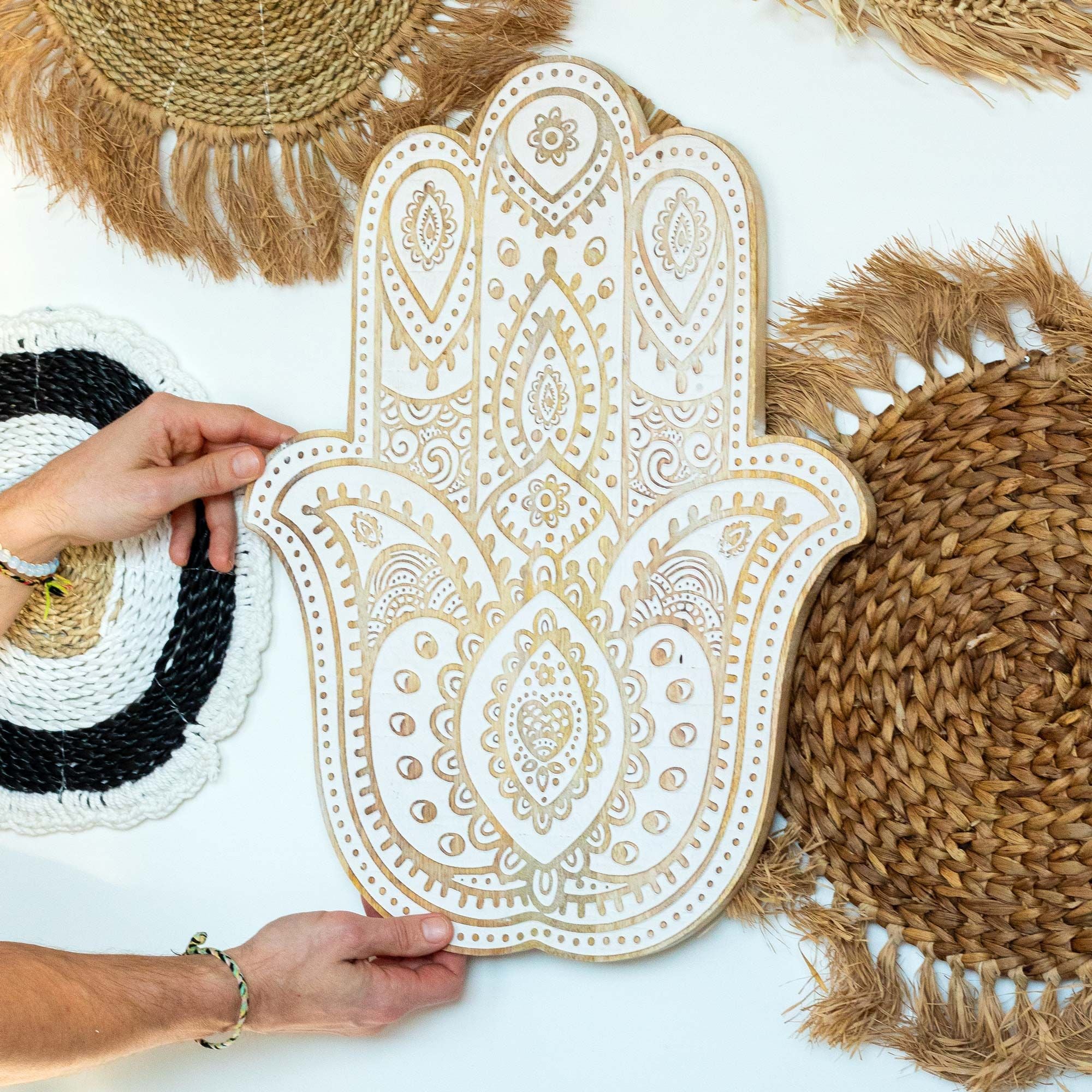 Mango Wood Hamsa Wall Plaque – Whitewash 52 cm
