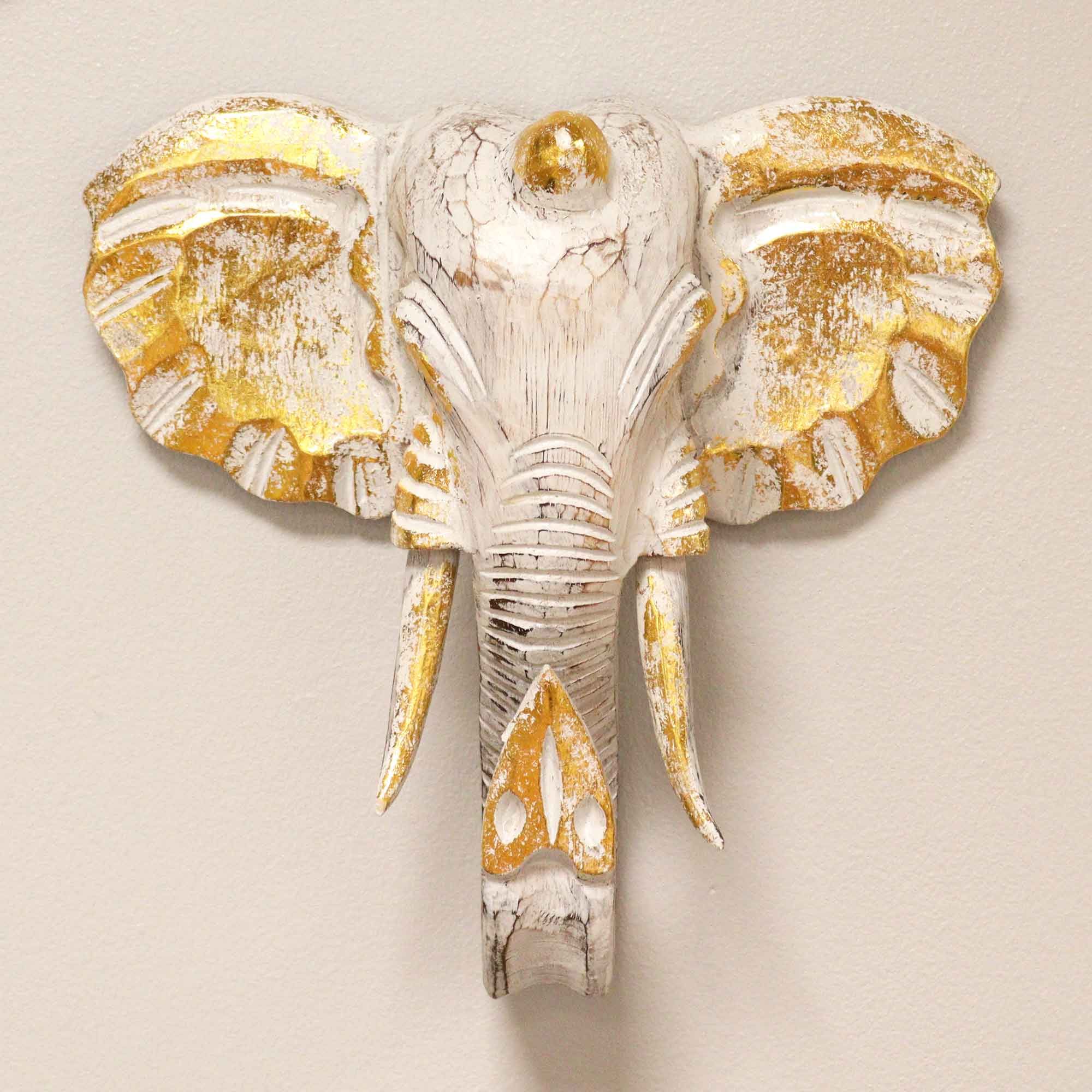 Large Hand-Carved Elephant Head – Gold & Whitewash