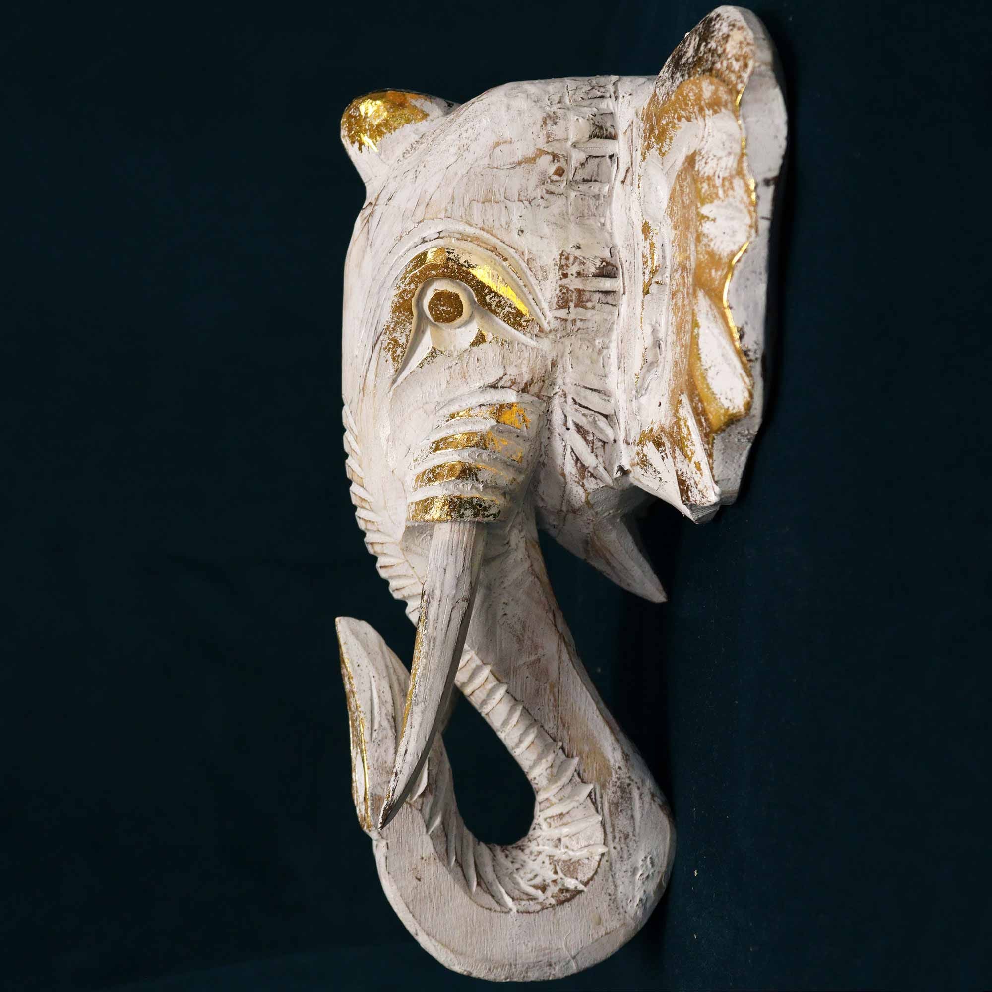 Large Hand-Carved Elephant Head – Gold & Whitewash