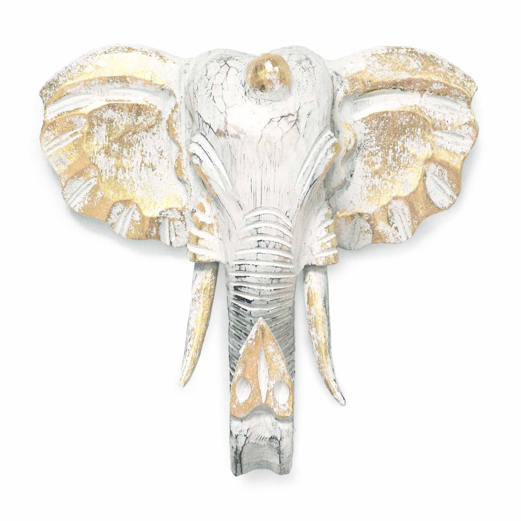 Large Hand-Carved Elephant Head – Gold & Whitewash