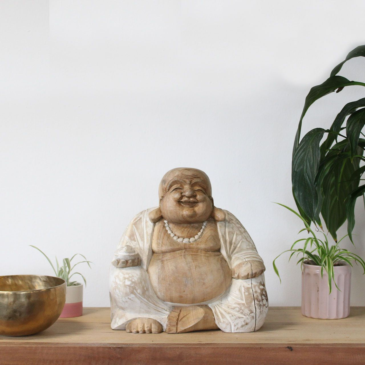 Hand-Carved Happy Buddha Statue – Whitewash