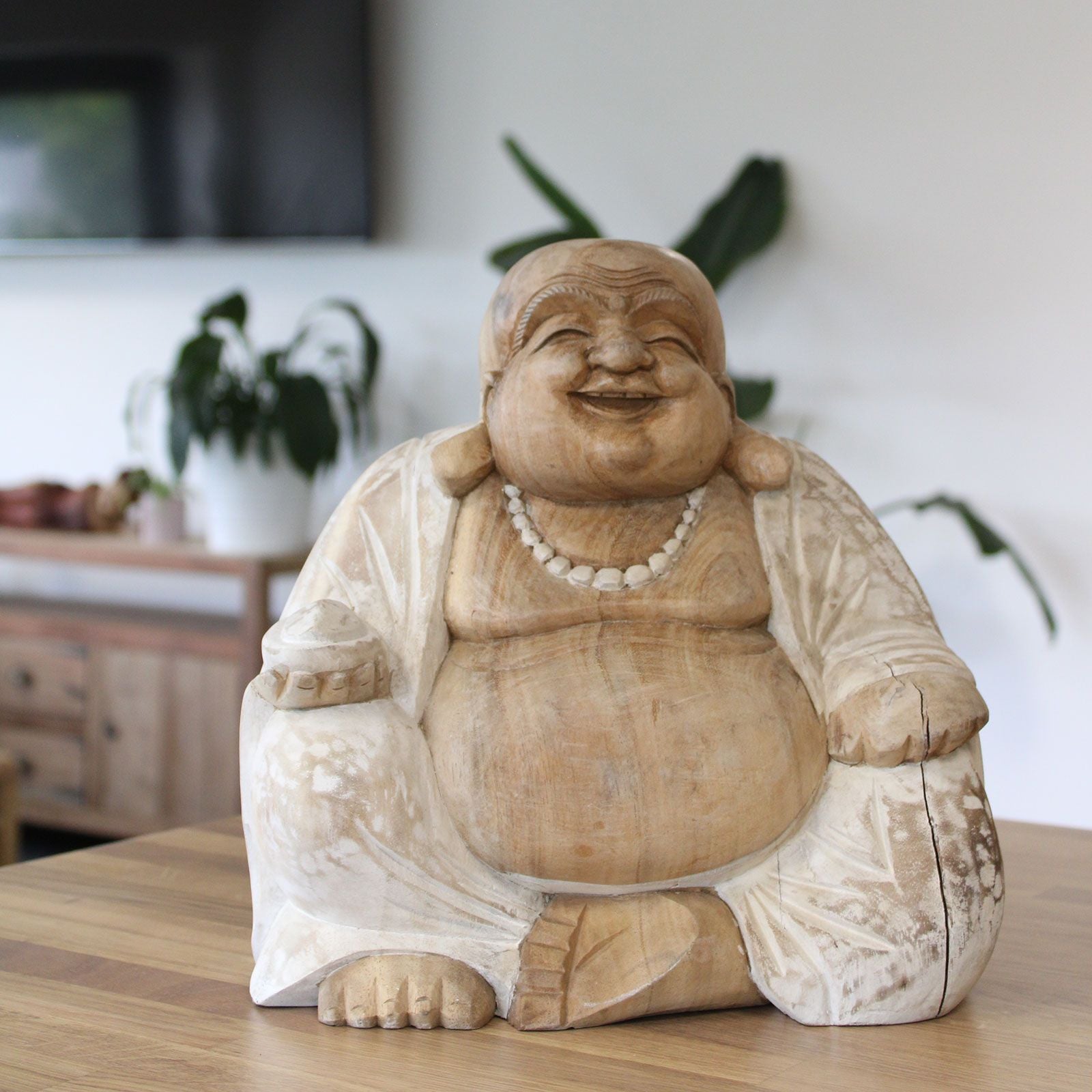Hand-Carved Happy Buddha Statue – Whitewash
