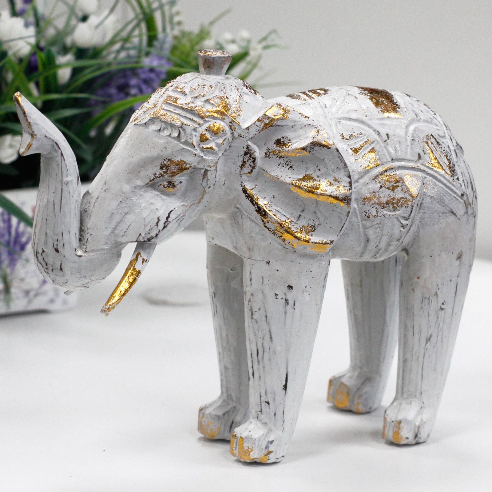 Hand-Carved Wooden Elephant – White & Gold