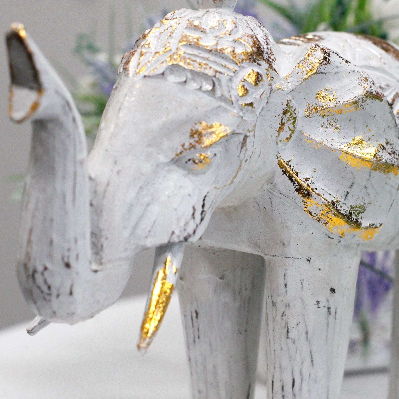 Hand-Carved Wooden Elephant – White & Gold