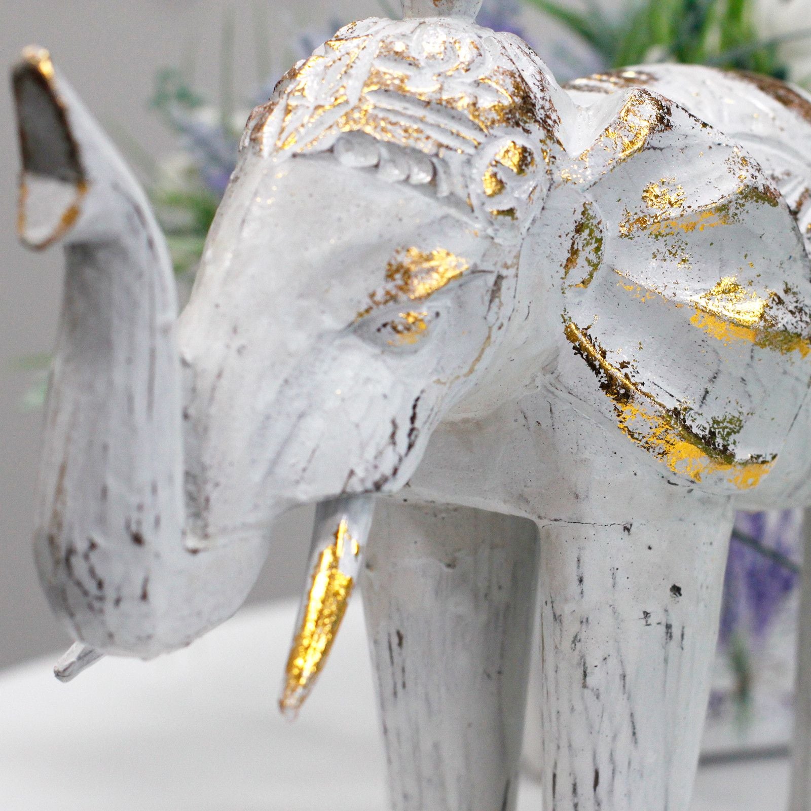 Hand-Carved Wooden Elephant – White & Gold