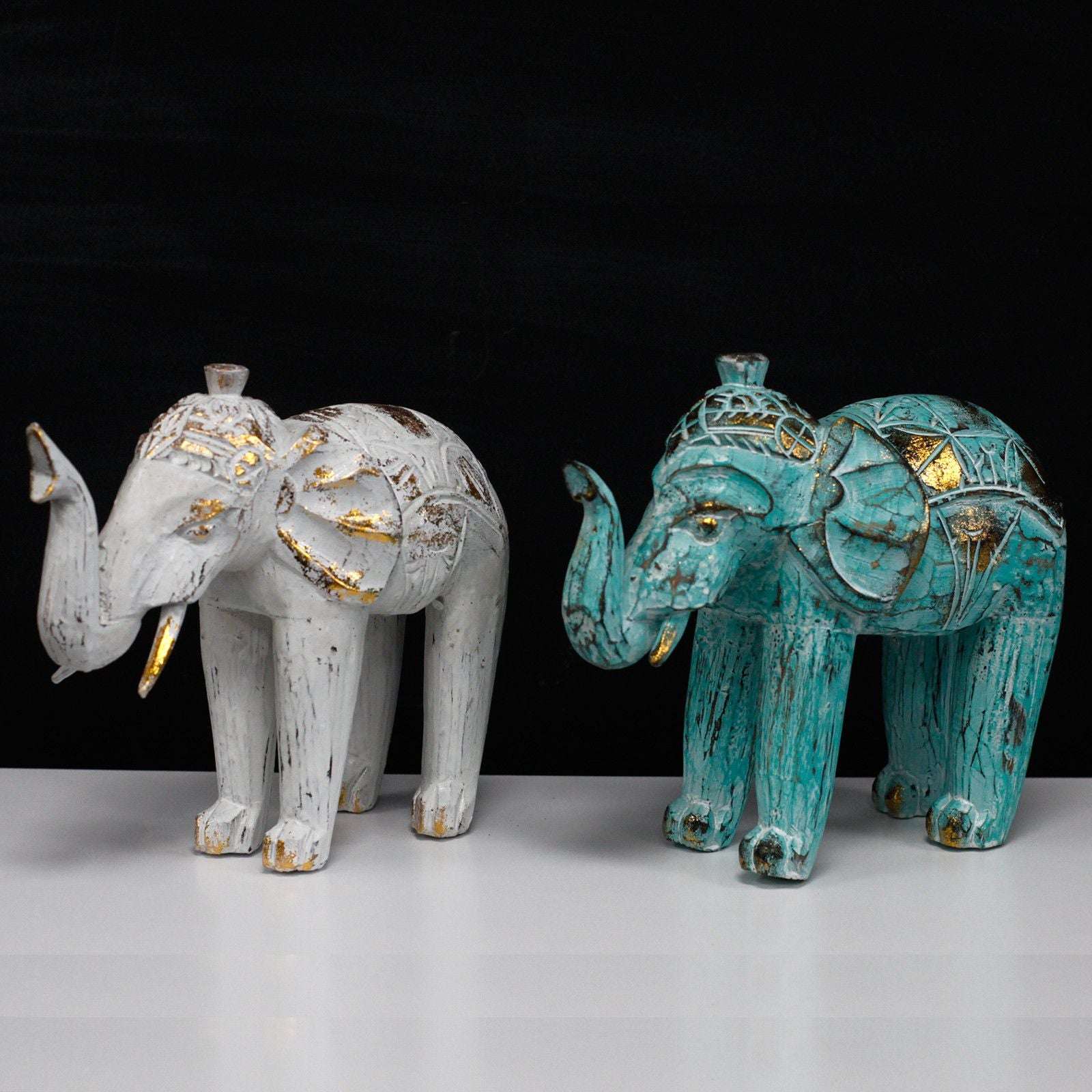 Hand-Carved Wooden Elephant – White & Gold