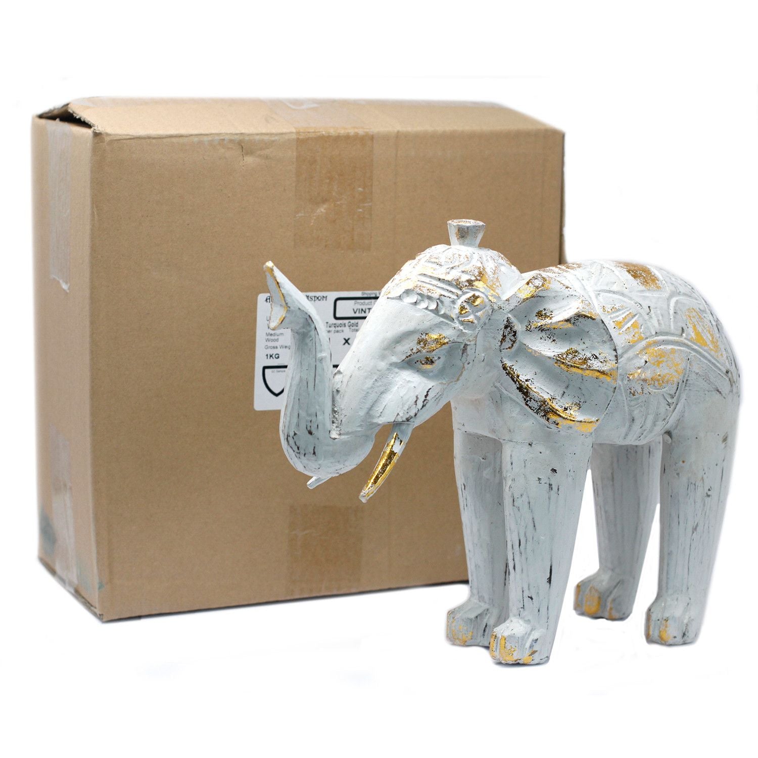 Hand-Carved Wooden Elephant – White & Gold