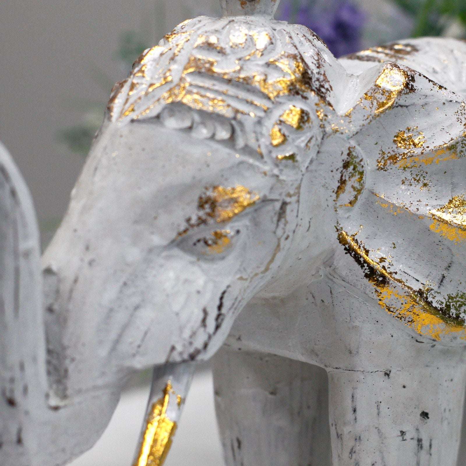 Hand-Carved Wooden Elephant – White & Gold