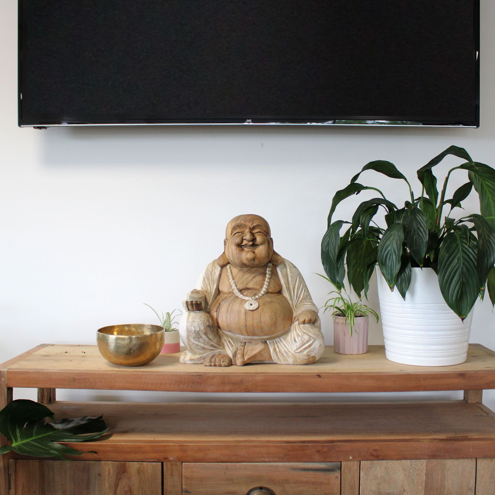 Large Hand-Carved Happy Buddha Statue – Whitewash