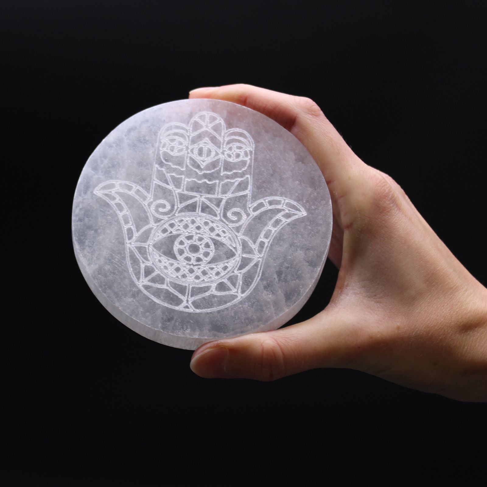 Hamsa Selenite Charging Plate – 10 cm