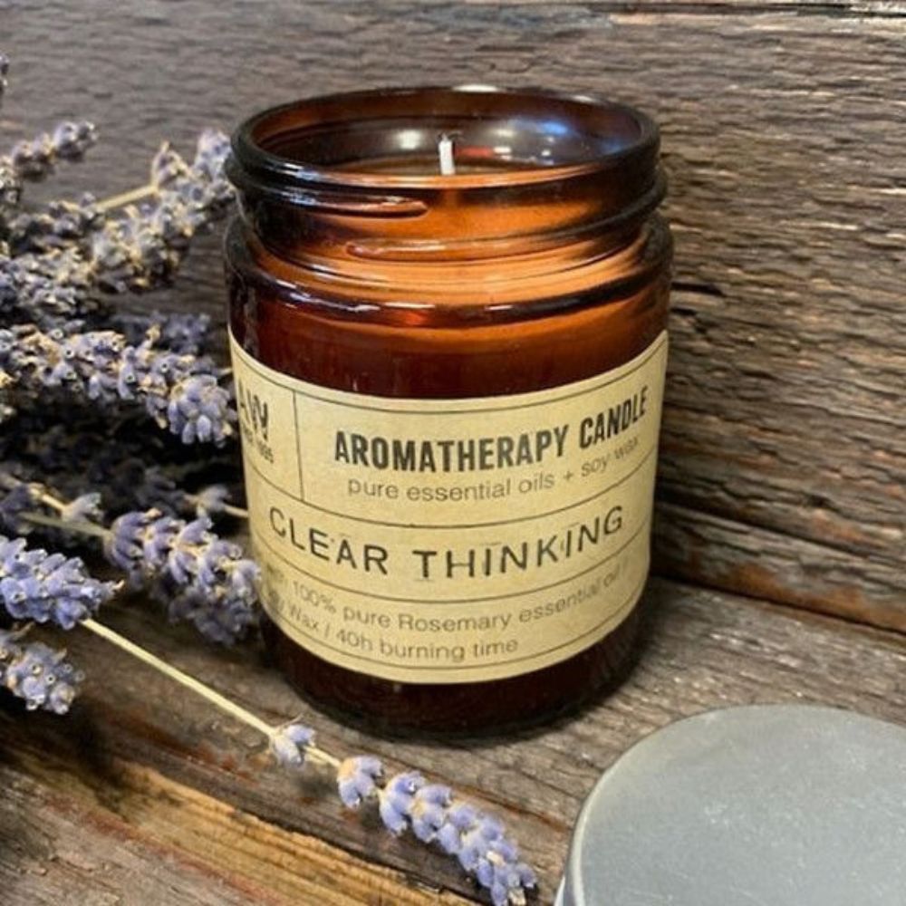 Clear Thinking rosemary aromatherapy soy candle in 200g glass jar
