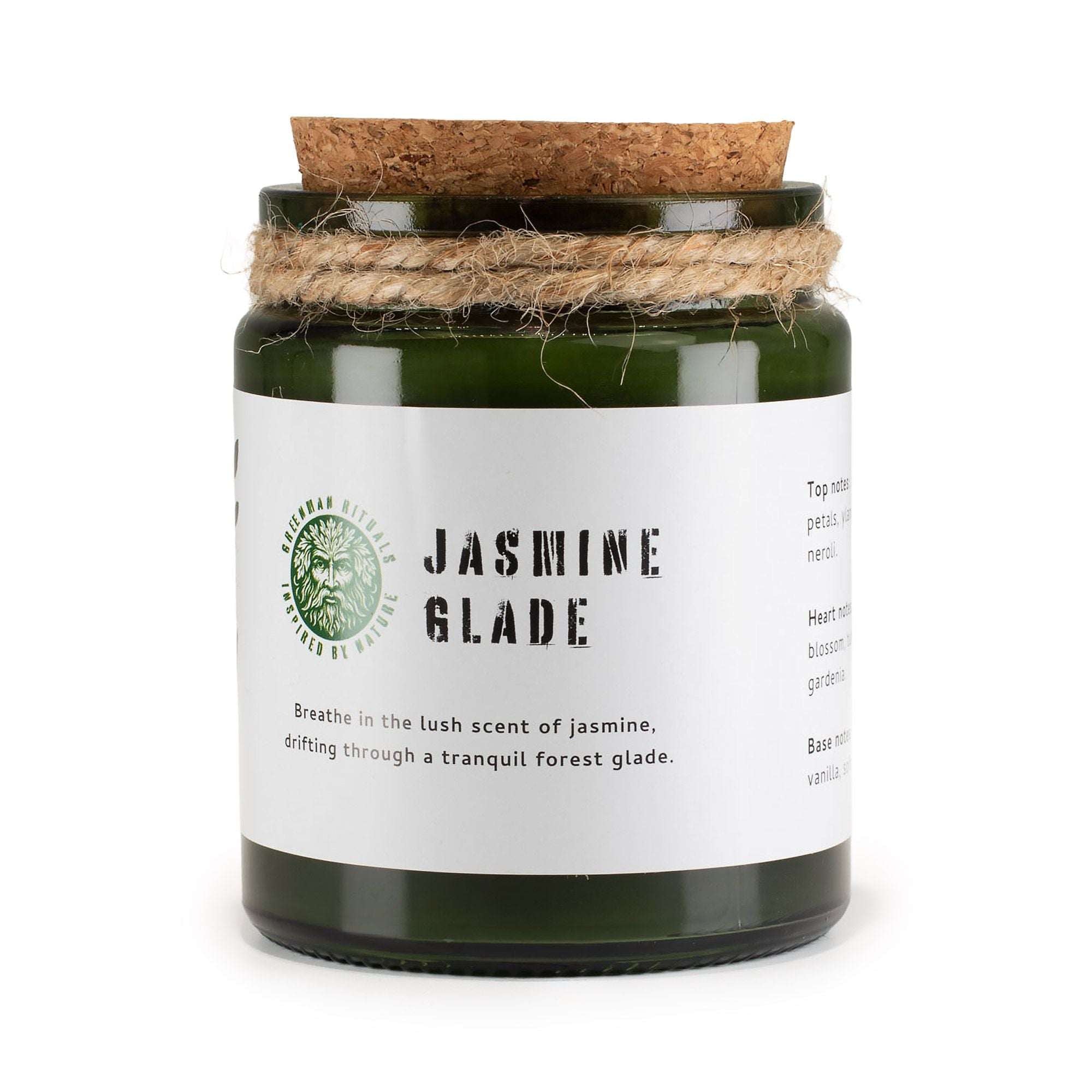 Jasmine Glade soy wax candle in deep green glass jar with wooden wick and cork lid