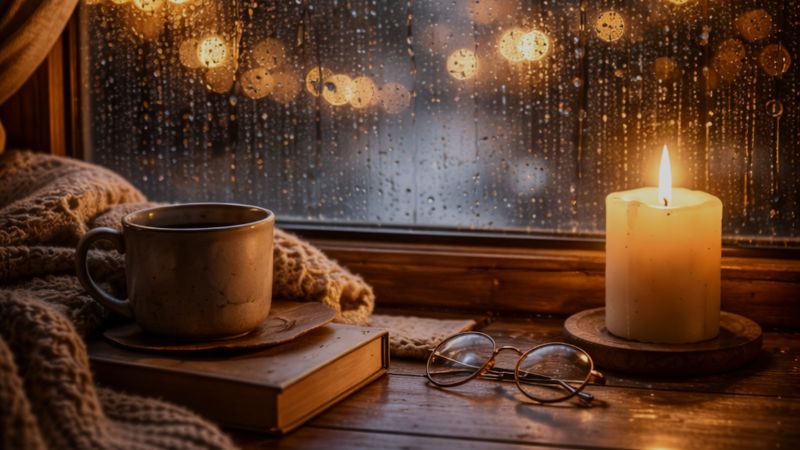 Warm drink, book, glasses and lit candle beside a rainy window creating a quiet evening atmosphere