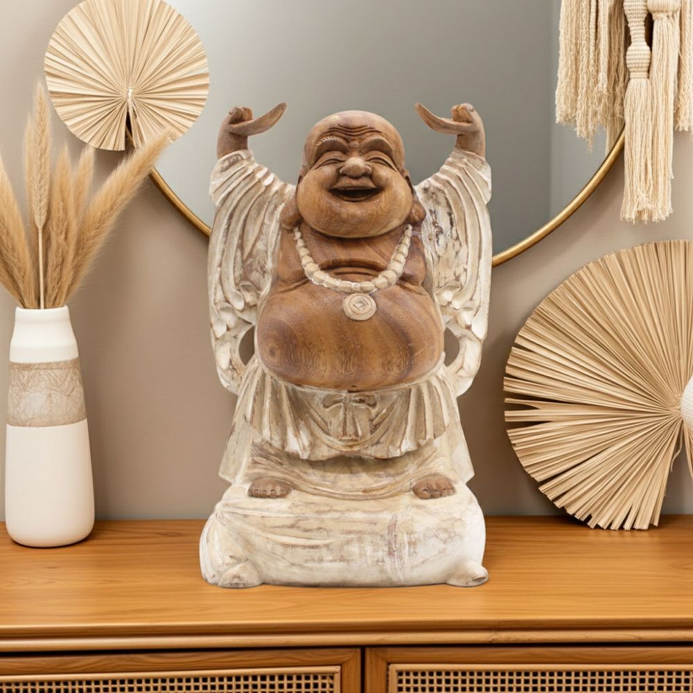 Hand-Carved Hands Up Buddha Statue – Whitewash
