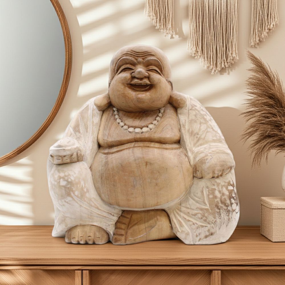Hand-Carved Happy Buddha Statue – Whitewash