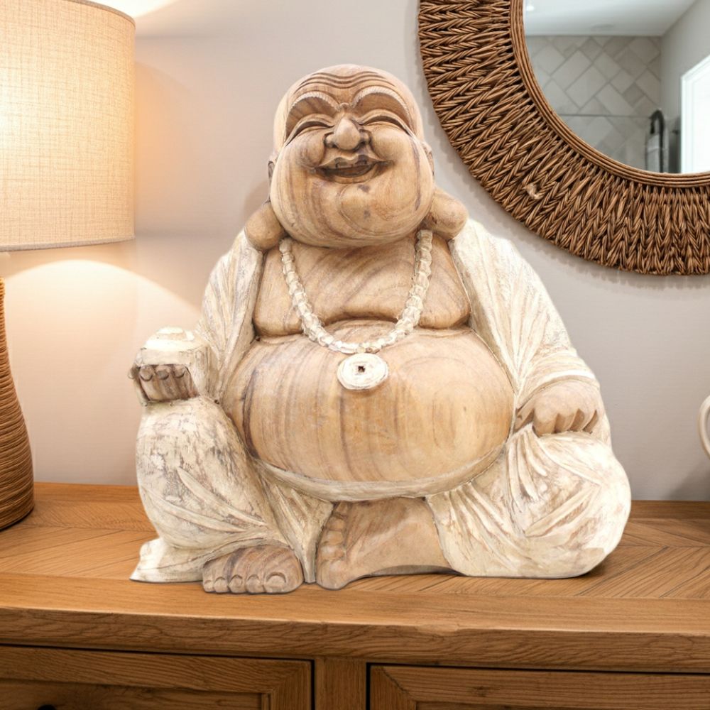 Large Hand-Carved Happy Buddha Statue – Whitewash