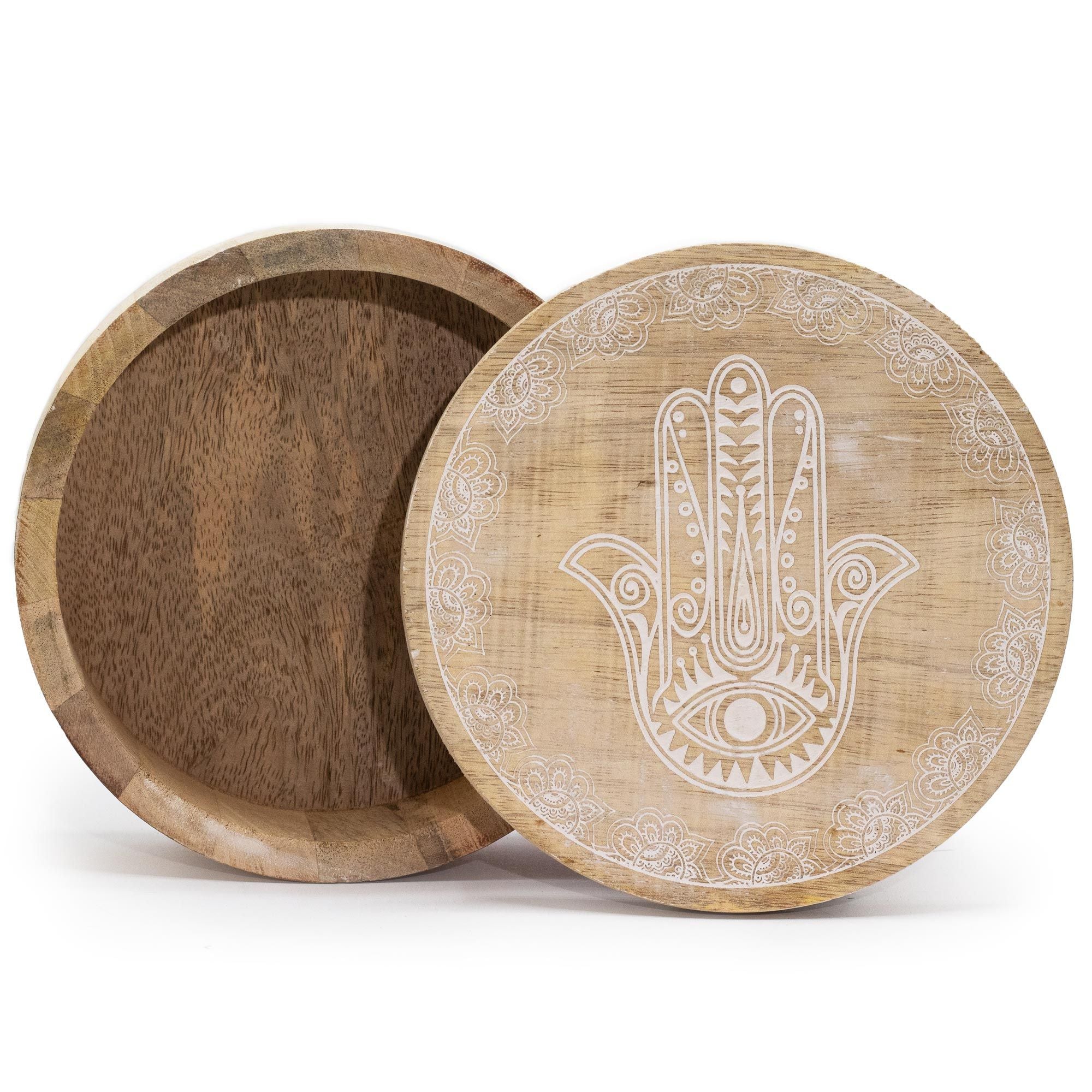 Whitewashed Hamsa Mango Wood Keepsake Box