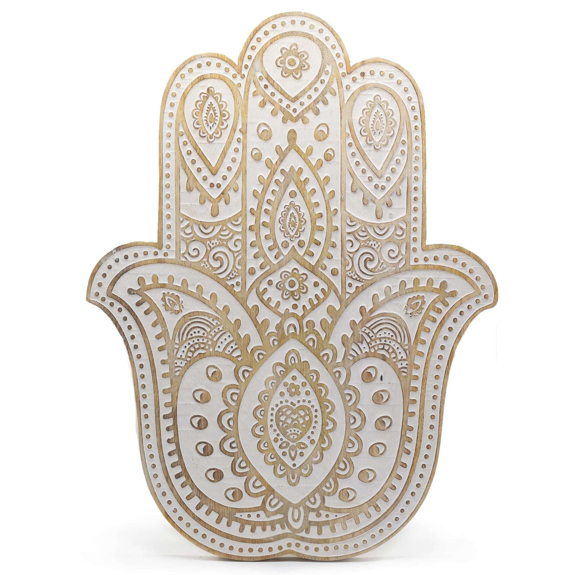 Mango Wood Hamsa Wall Plaque – Whitewash 52 cm