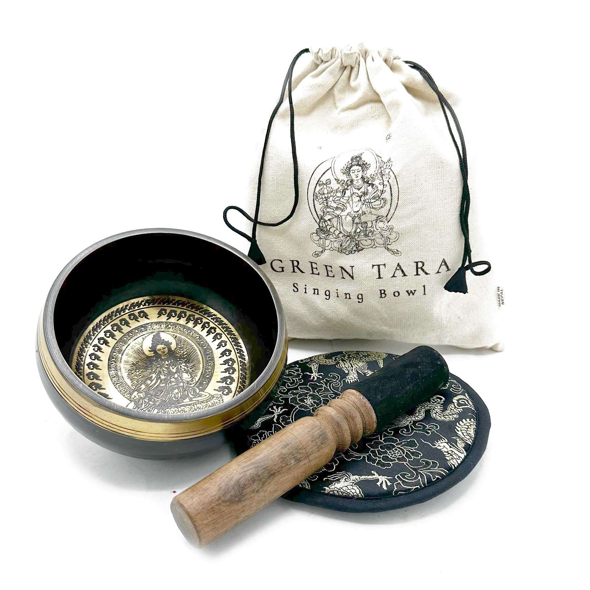Hand Beaten & Engraved Singing Bowl Gift Set - 14cm - Green Tara 