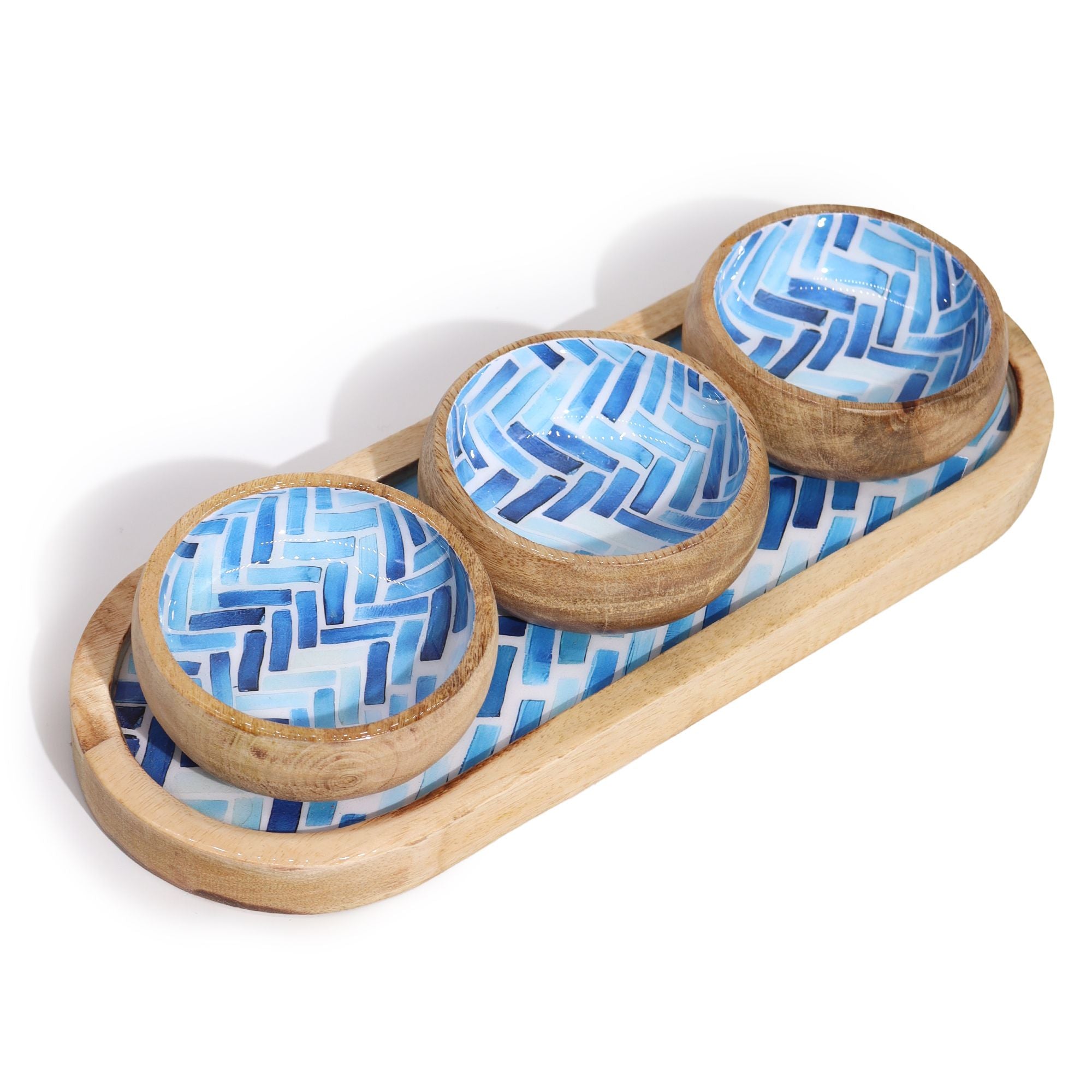 Mango Wood Tray with Three Bowls – Blue Stripes