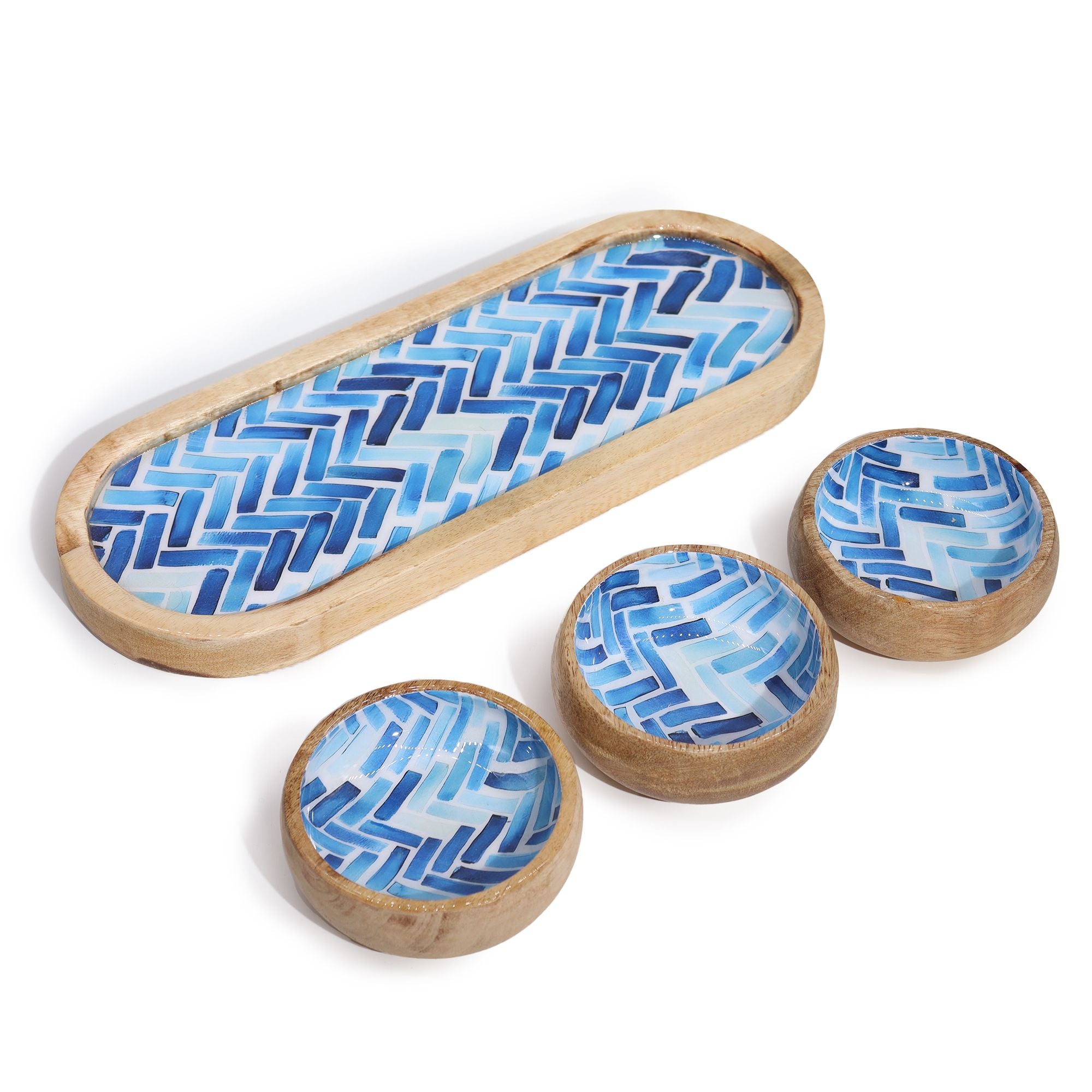 Mango Wood Tray with Three Bowls – Blue Stripes