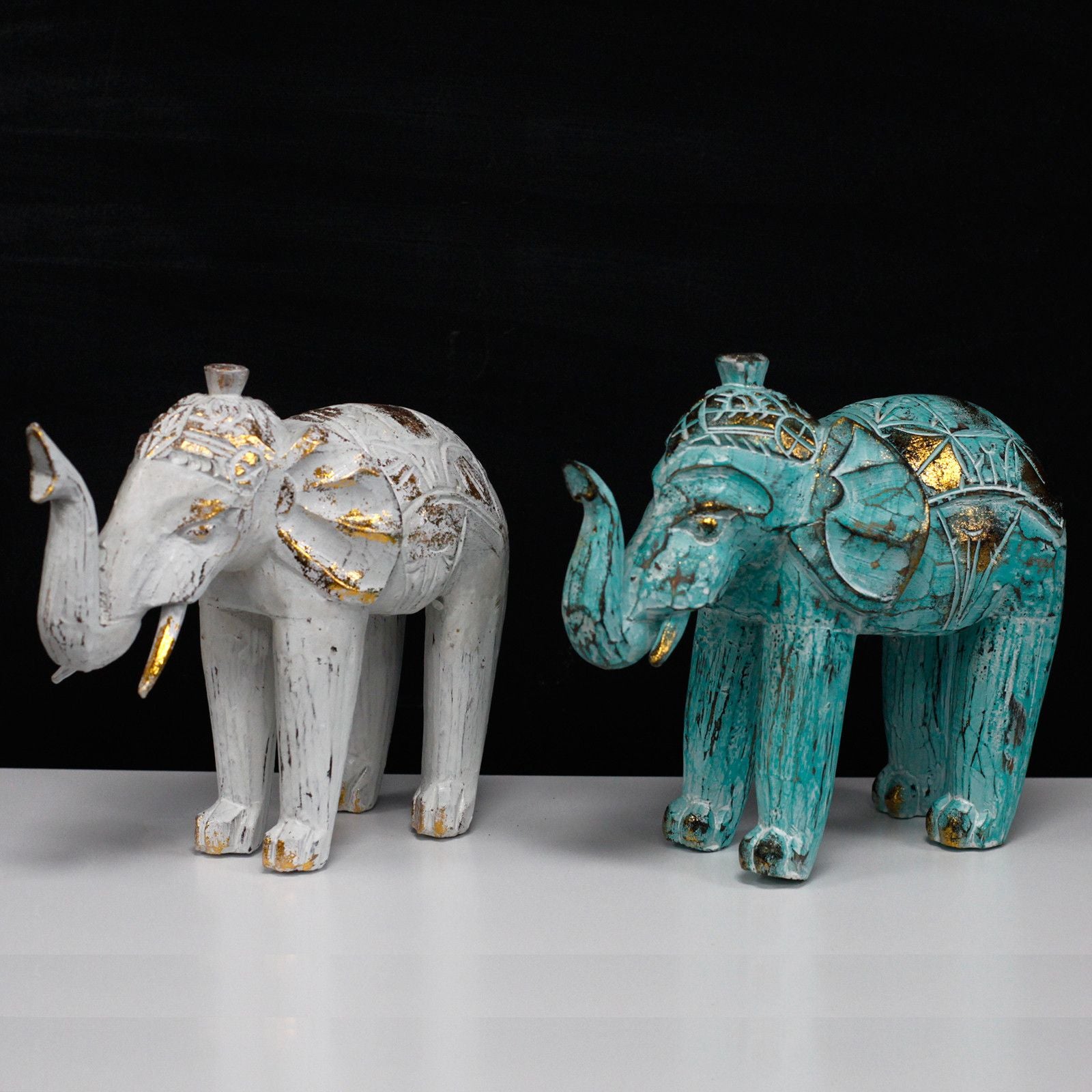 Hand-Carved Wooden Elephant – White & Gold
