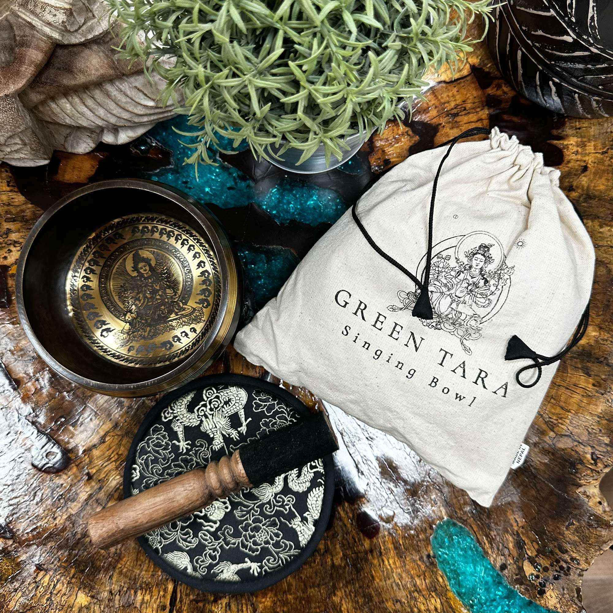 Hand Beaten & Engraved Singing Bowl Gift Set - 14cm - Green Tara 