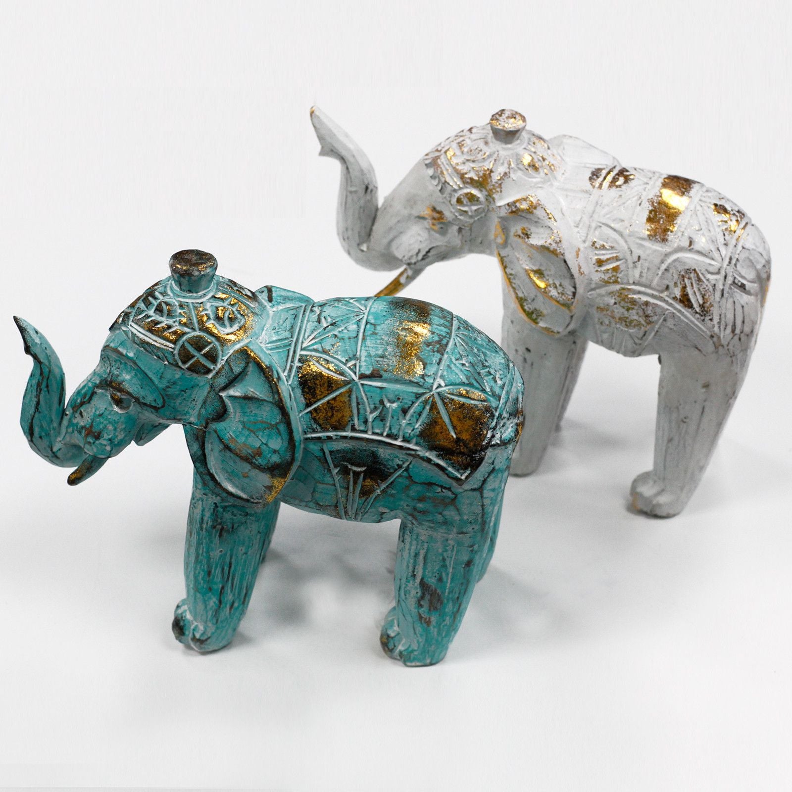 Hand-Carved Wooden Elephant – Turquoise & Gold