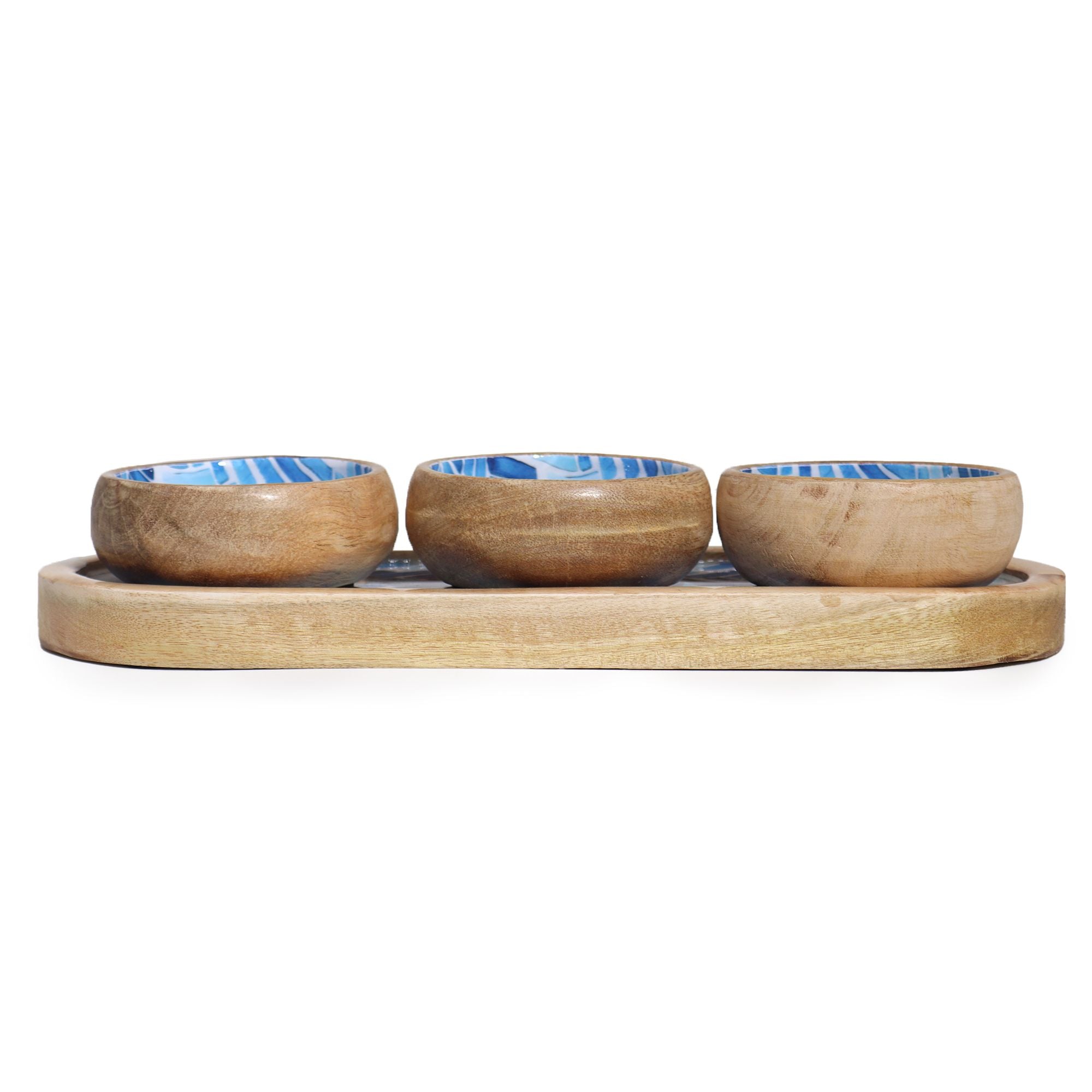 Mango Wood Tray with Three Bowls – Blue Stripes