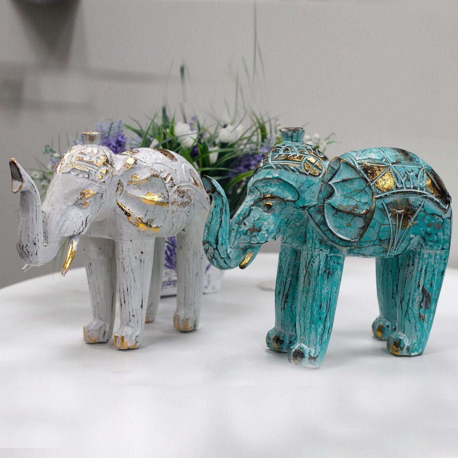 Hand-Carved Wooden Elephant – White & Gold