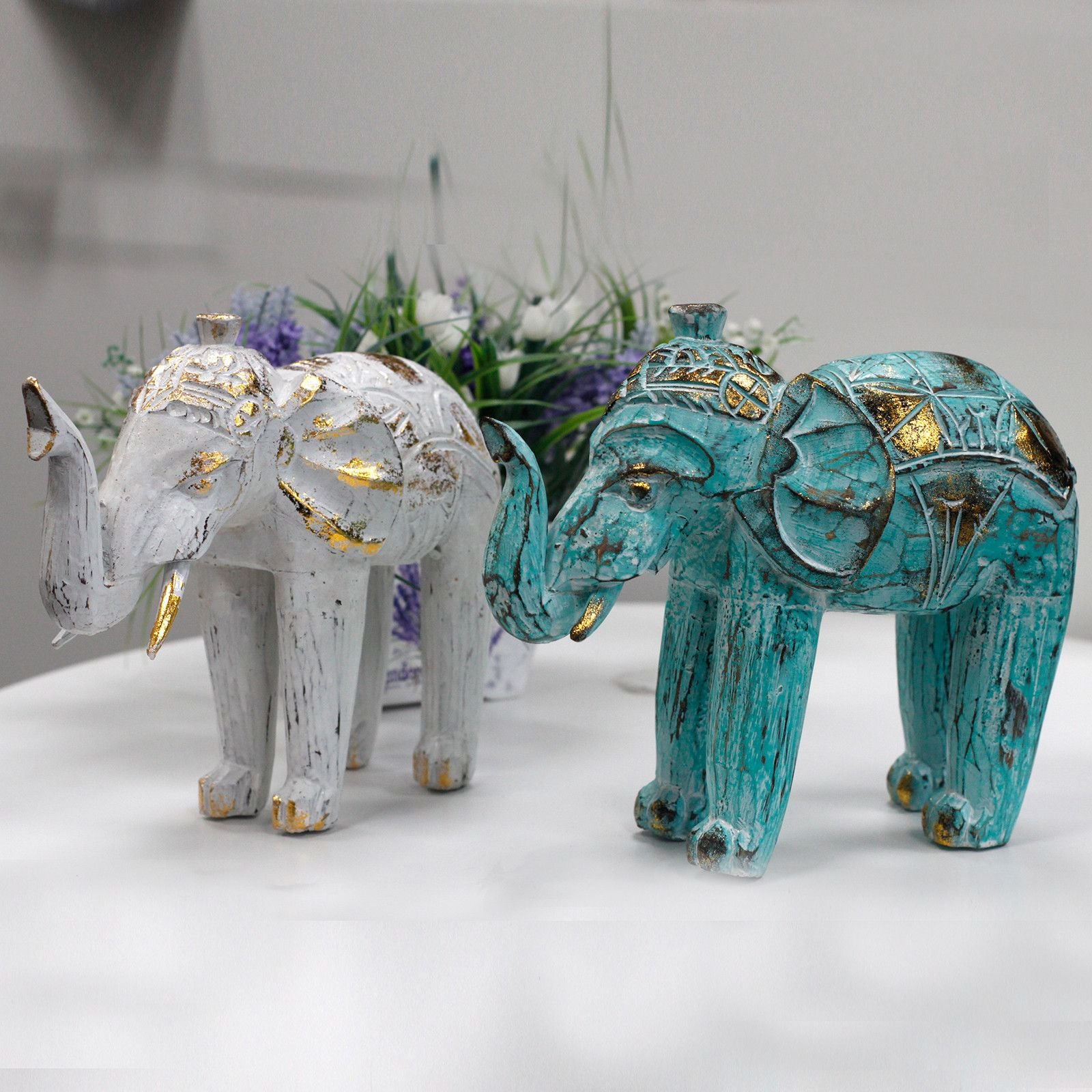 Hand-Carved Wooden Elephant – Turquoise & Gold