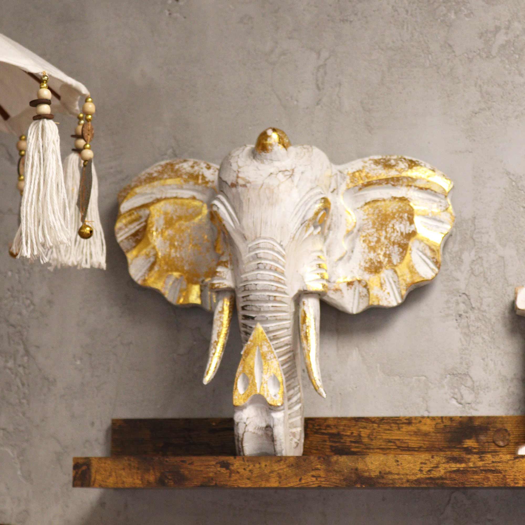 Large Hand-Carved Elephant Head – Gold & Whitewash