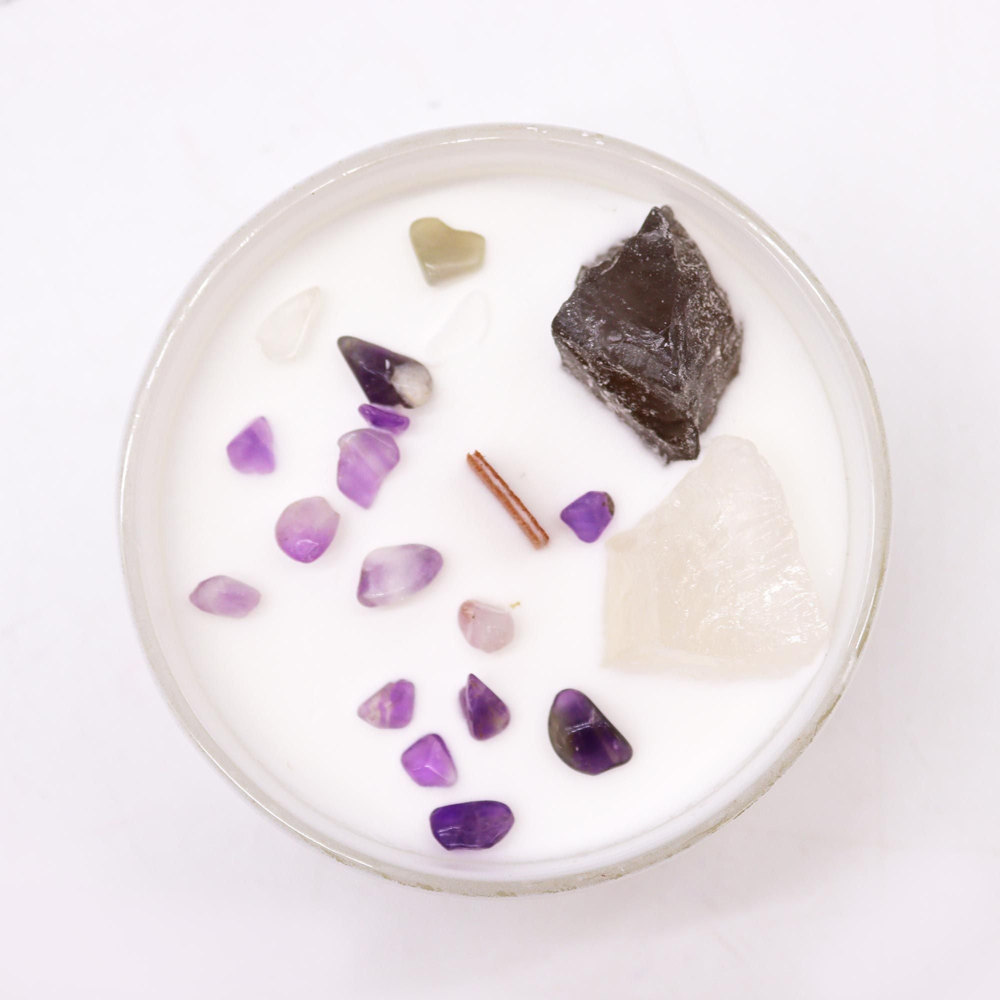 Crown Chakra crystal candle with Celestite and Selenite crystals in soy wax