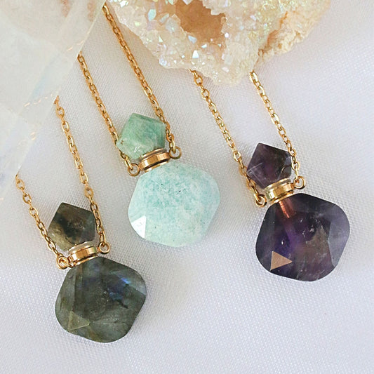 Luxury Mini Crystal Bottle Necklace – Natural Gemstones