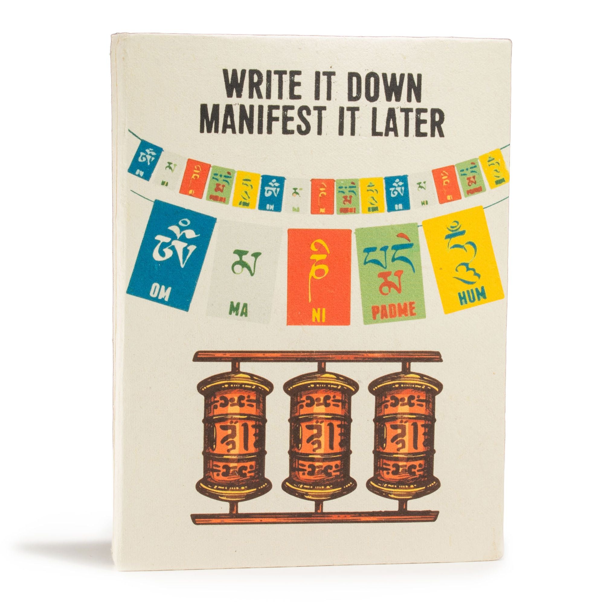 Handmade Lokta paper notebook with colourful prayer flag cover and ribbon bookmark