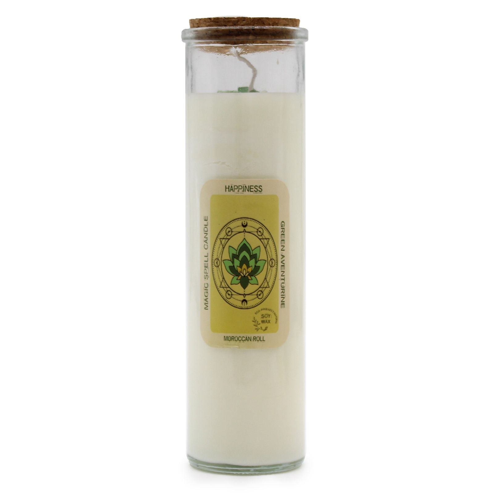 Happiness soy candle with clean flame and simple neutral design