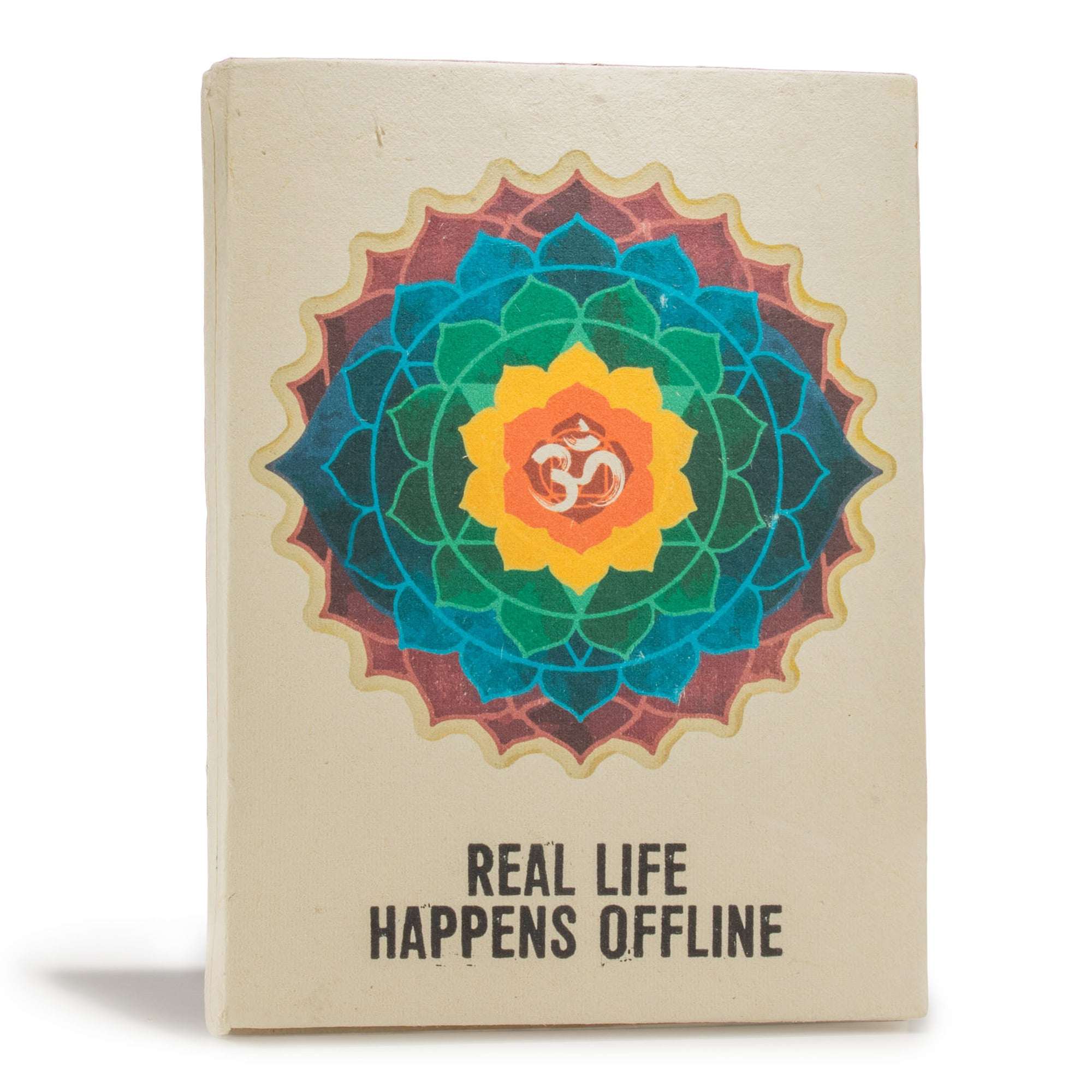 Large handmade Lokta paper notebook with Real Life Happens Offline mandala cover