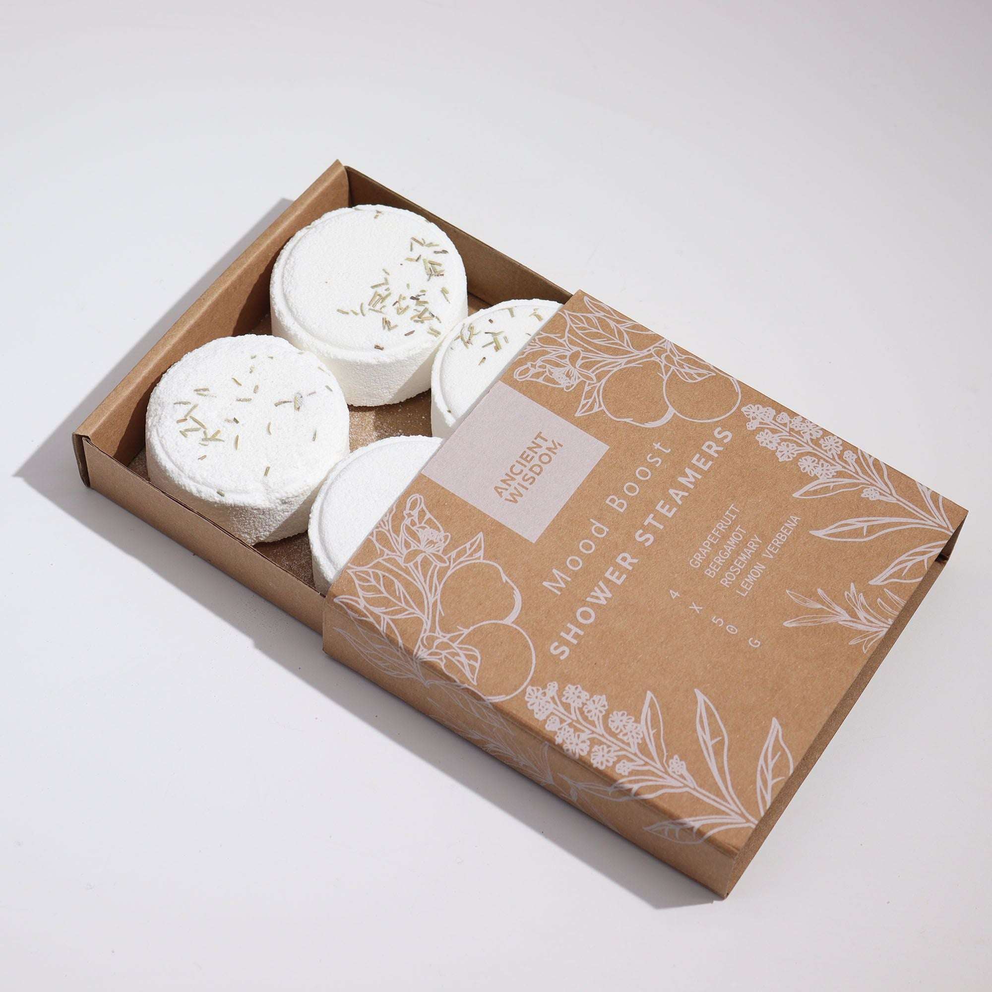 Mood Boost shower steamers with Grapefruit Bergamot Rosemary and Lemon Tea Tree