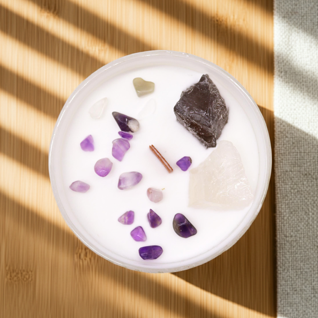 Crown Chakra Crystal Candle – Celestite & Selenite Wander Balance