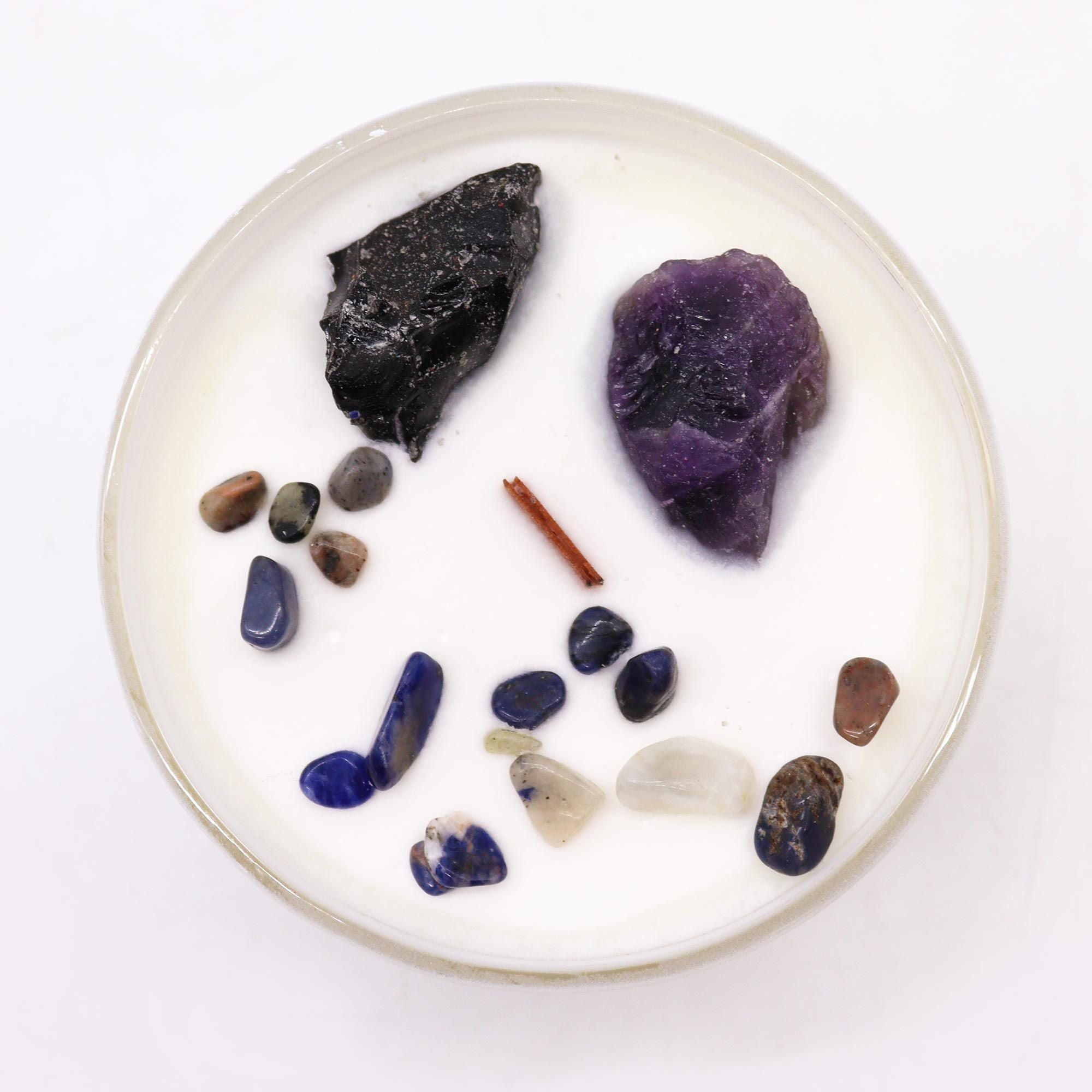Solar Plexus crystal candle with Amethyst and Black Agate gemstones
