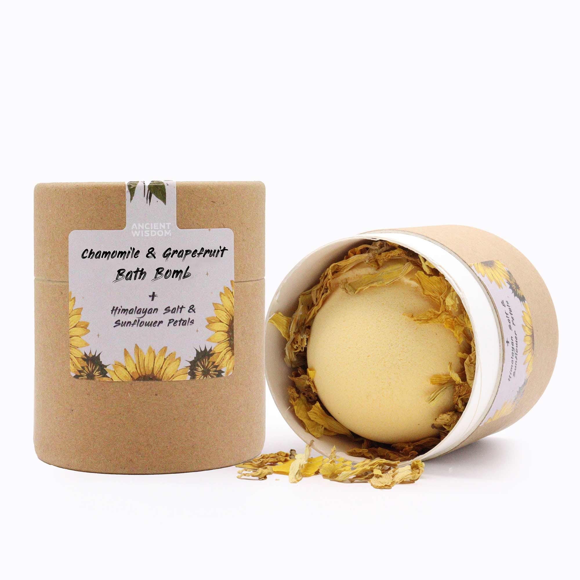 Sunflower Serenity aromatherapy bath gift set with Chamomile Grapefruit bath bomb and sunflower petals