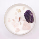 Third Eye Chakra crystal candle with Amethyst and Rose Quartz gemstones