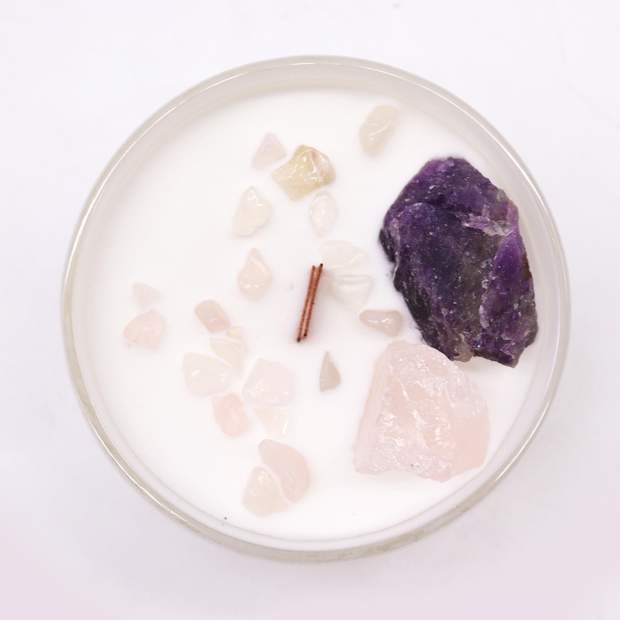 Third Eye Chakra crystal candle with Amethyst and Rose Quartz gemstones