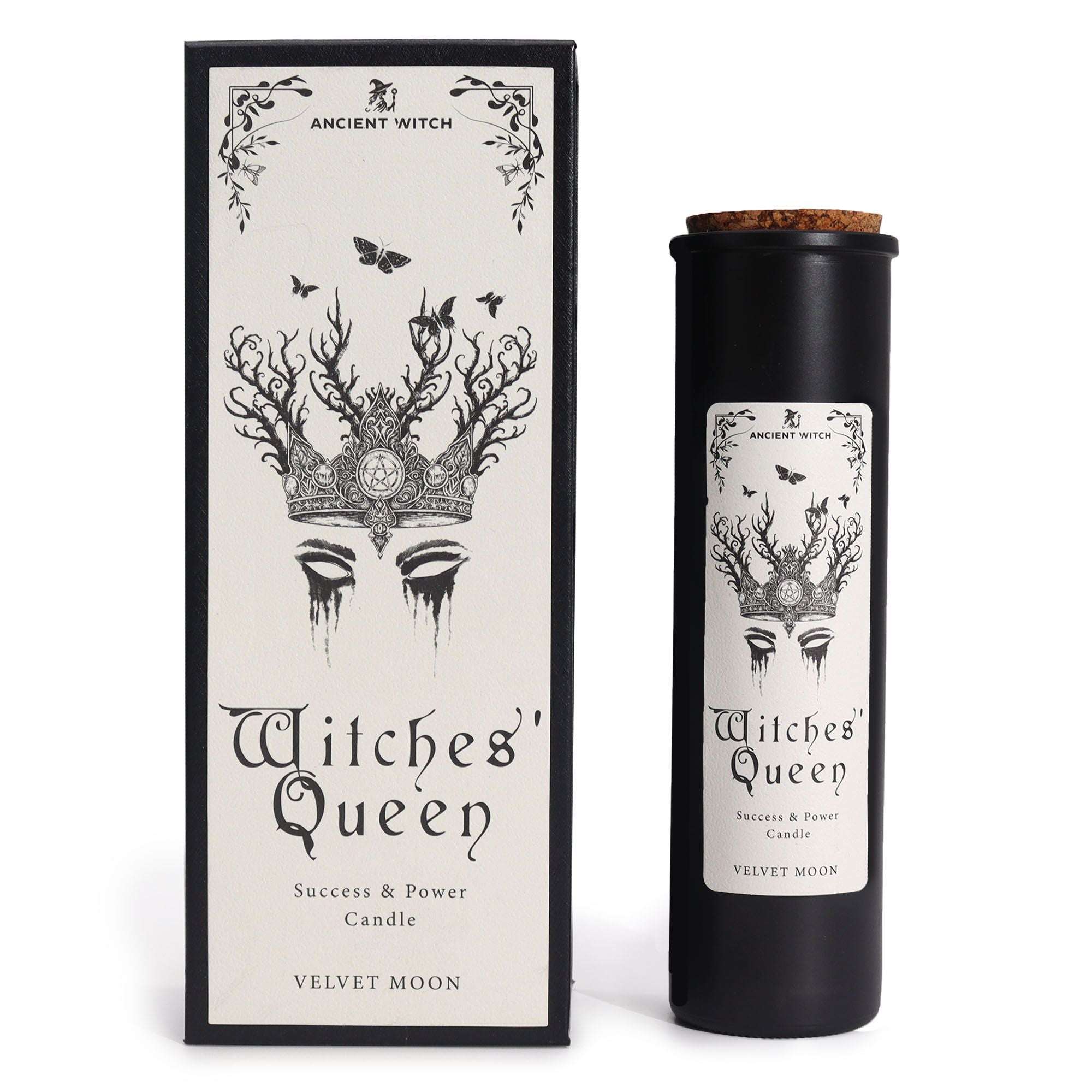Witches’ Queen Velvet Moon candle with crown and moth artwork